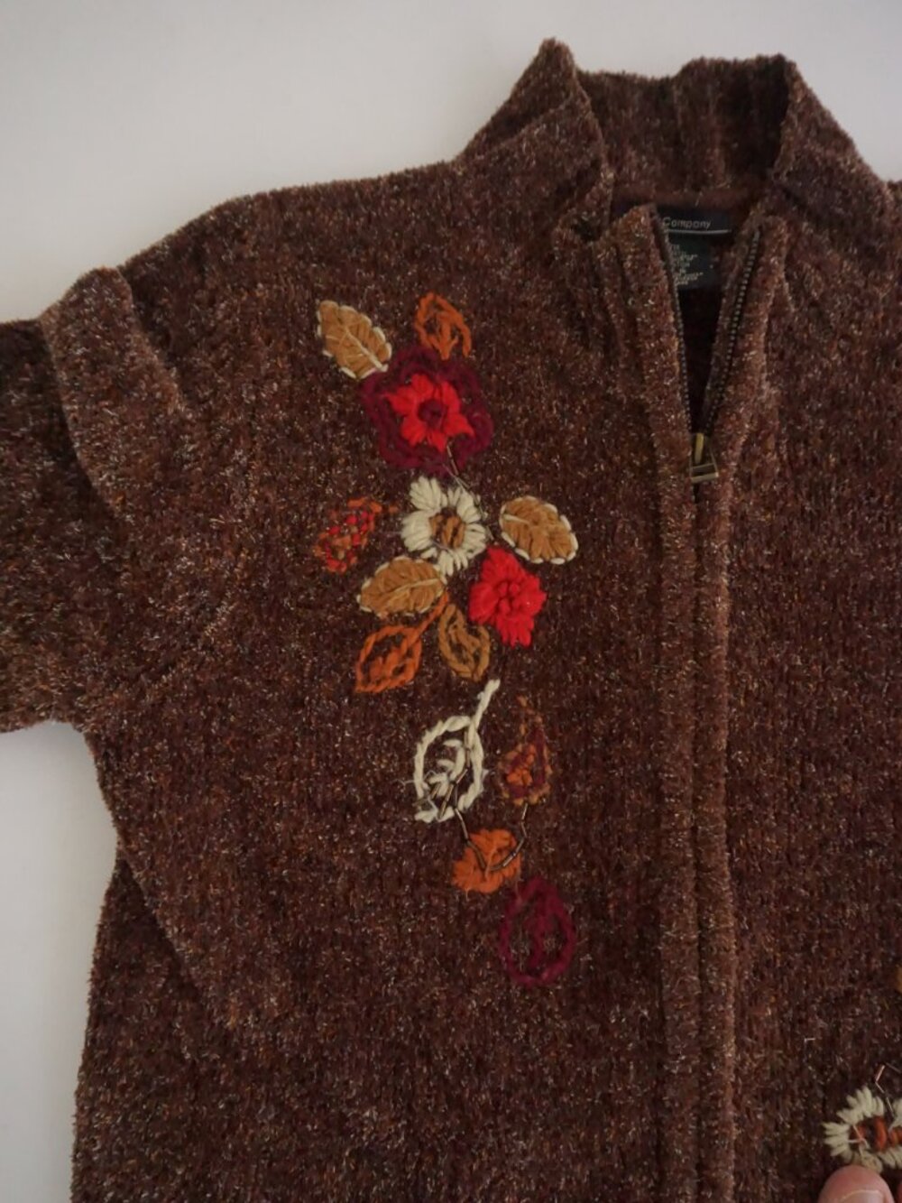 Vintage T & Company Brown Floral Embroidered Chenille Zip Boho Cardigan S - Picture 8 of 10